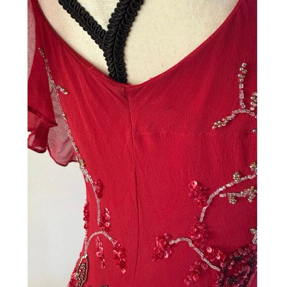 FLAWED Vintage Sue Wong Y2K Red Beaded Embroidered Asymmetrical Dress 12 S XS - Picture 13 of 17